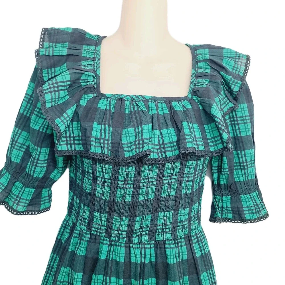 Ivy City Co Plaid Smocked Jumpsuit S Green Blue Puff Sleeve Square Ruffle Neck - Picture 2 of 11